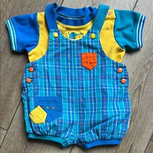 Vintage Gymboree Shortall Shirt Set Plaid Colorblock Elephant Newborn